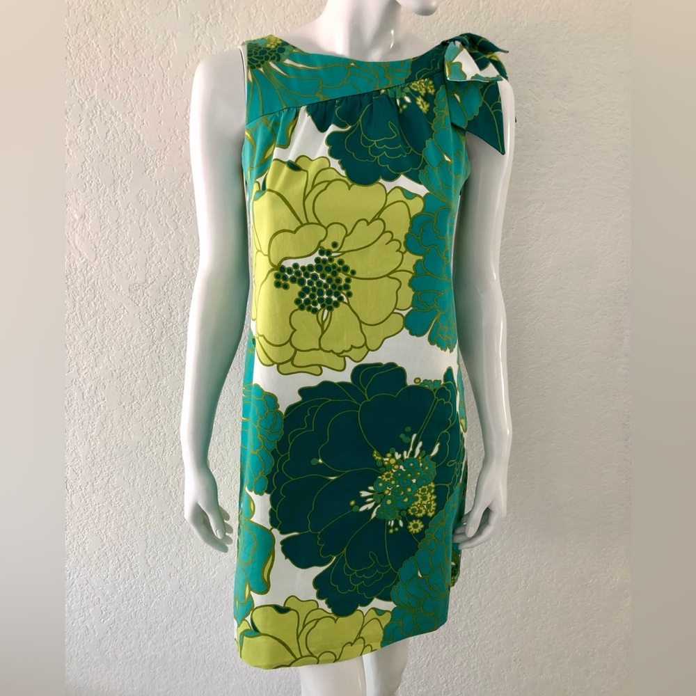 Ann Taylor Dress Floral Bow Shoulder Sheath Retro Print Size 2